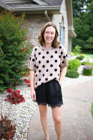 Taupe and Black Polka Dot Short Sleeve Sweater | Jacie Jodifl