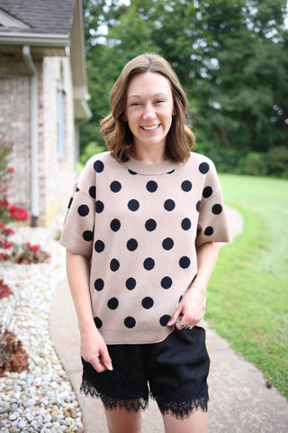 Taupe and Black Polka Dot Short Sleeve Sweater | Jacie Jodifl