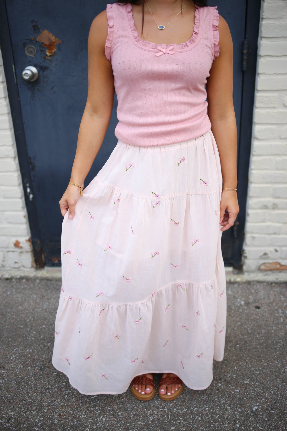 Blush Pink Floral Embroidery Maxi Skirt | Sally Very J