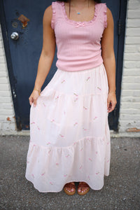 Blush Pink Floral Embroidery Maxi Skirt | Sally Very J