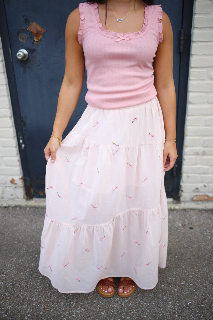 Blush Pink Floral Embroidery Maxi Skirt | Sally Very J
