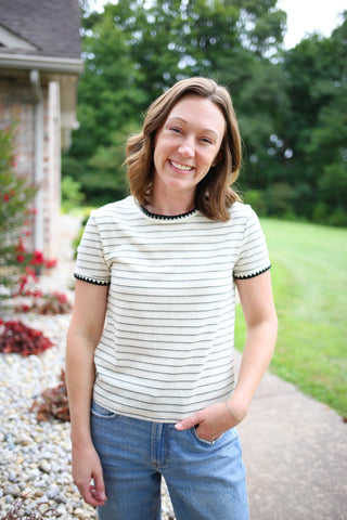 cream with black and grey stripe short sleeve with black stitch hem details