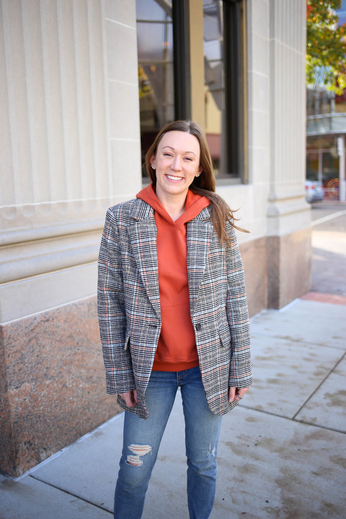 black orange and blue plaid blazer