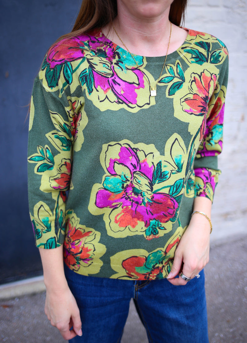 three quarter sleeve olive floral print lightweight sweater, tribal clothing