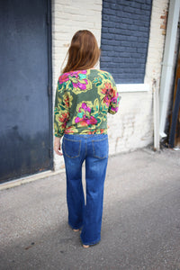 Three Quarter Sleeve Olive Green Floral Sweater | Sydney tribal clothing