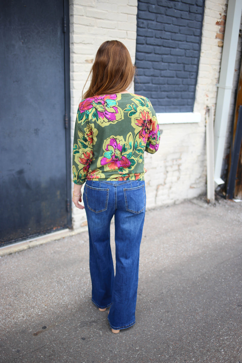 Three Quarter Sleeve Olive Green Floral Sweater | Sydney tribal clothing