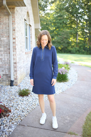Navy textured fabric half zip long sleeve dress, Tribal Brand