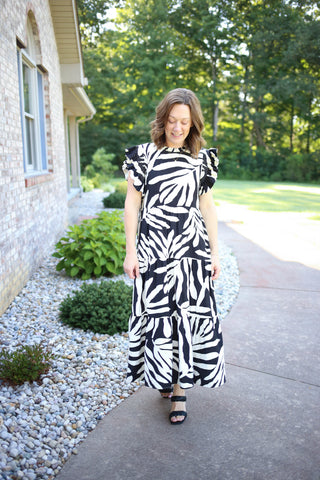 black and white abstract print midi dress