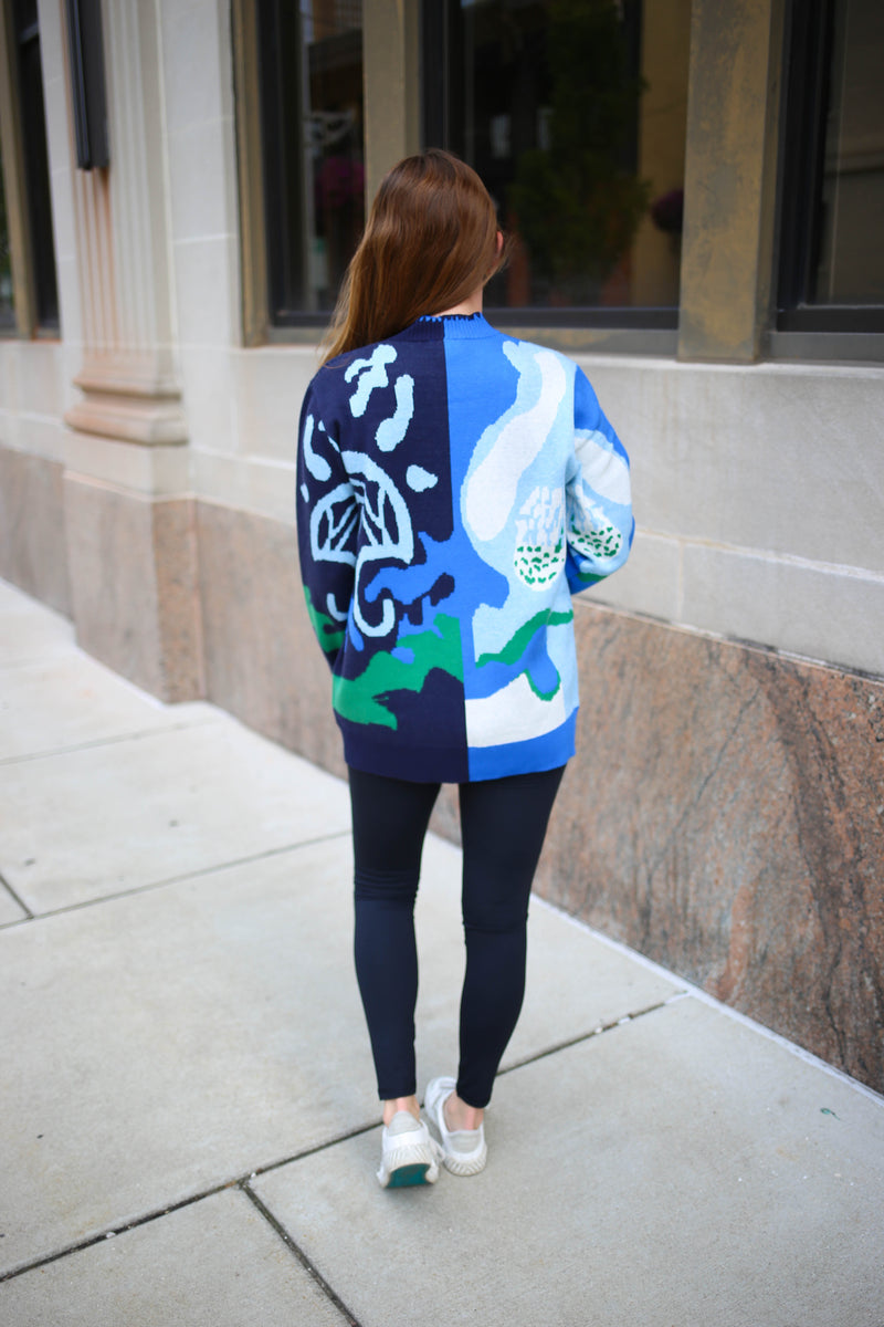 Navy Blue and Green Print Button-Down Cardigan | Jenny tribal clothing