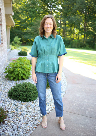 Teal pinch pleat detail short sleeve top