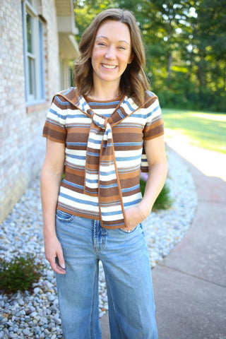 Brown and Blue Stripe Short Sleeve Top | Becca Gilli