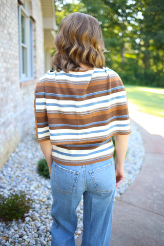 Brown and Blue Stripe Short Sleeve Top | Becca Gilli