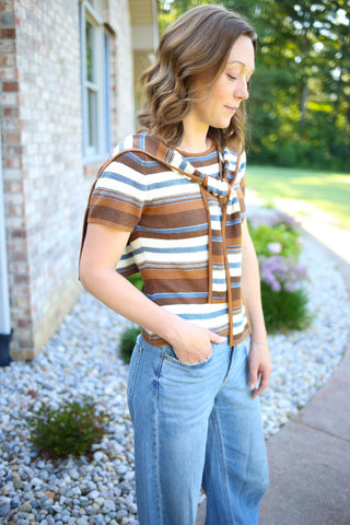 Brown and Blue Stripe Short Sleeve Top | Becca Gilli