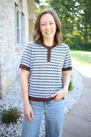 Brown and Blue Scallop Hem Short Sleeve Top | Brianna Jodifl
