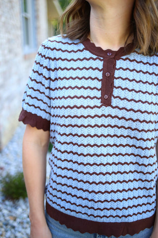 Brown and Blue Scallop Hem Short Sleeve Top | Brianna Jodifl