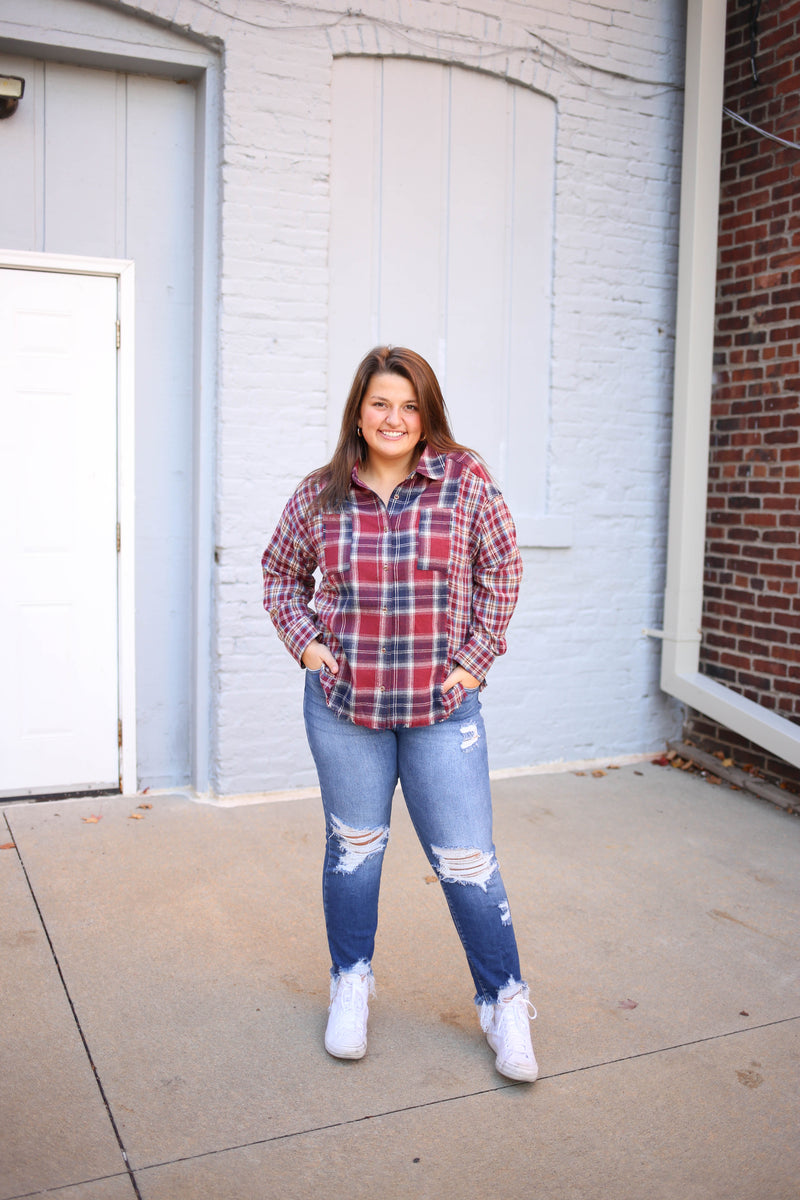 Burgundy Plaid Flannel Long Sleeve Top | Boutique Elise | Blair Very J