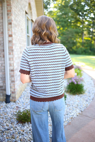 Brown and Blue Scallop Hem Short Sleeve Top | Brianna Jodifl