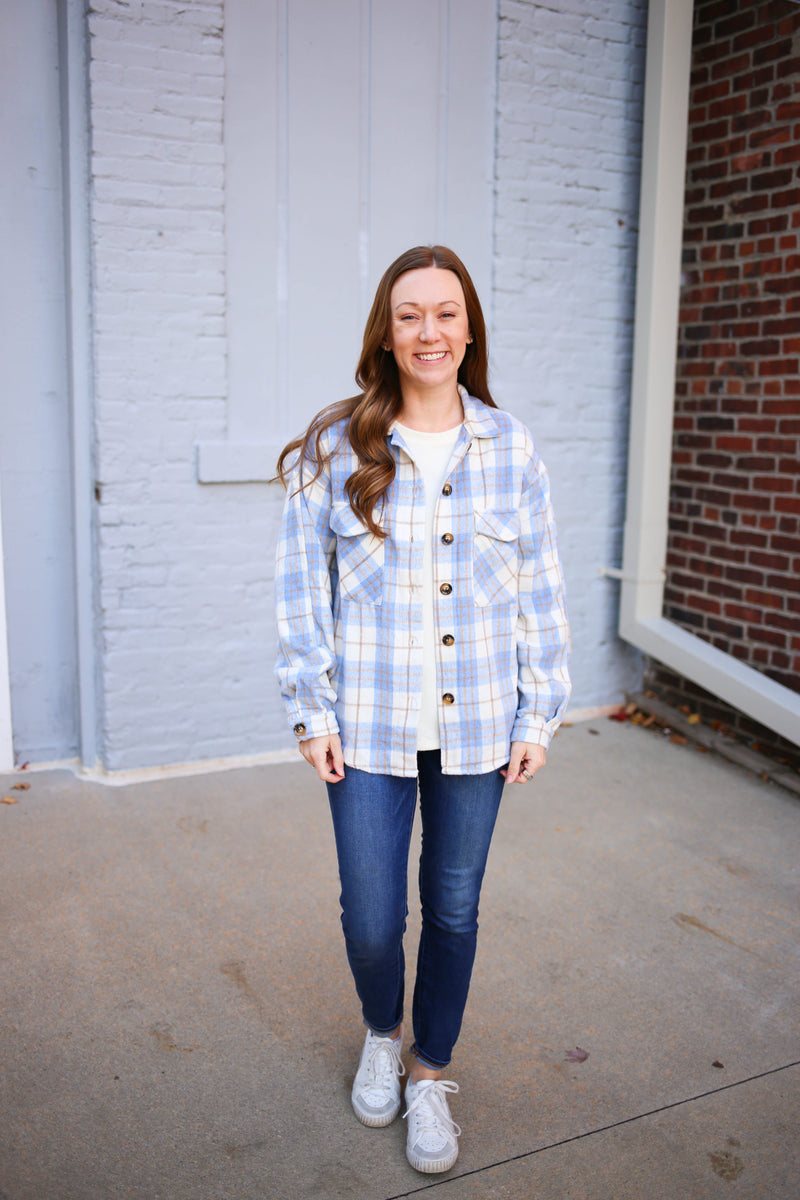 Blue Ivory and Tan Plaid Shacket | Boutique Elise | Stassi Hyfve