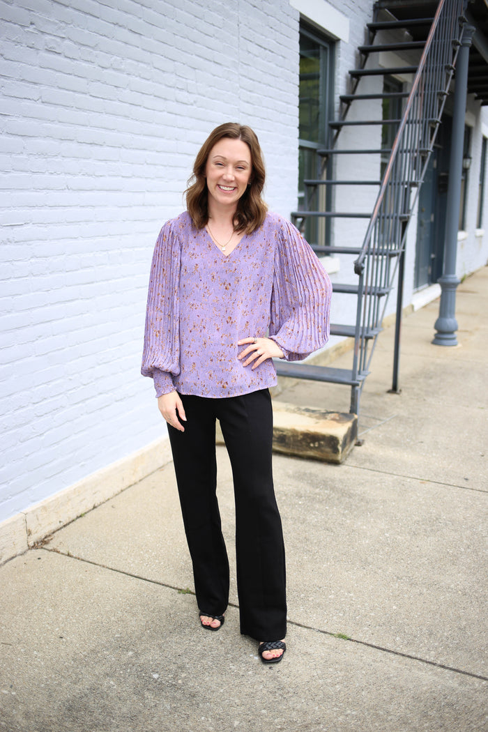 purple pleat detail long sleeve work top, entro