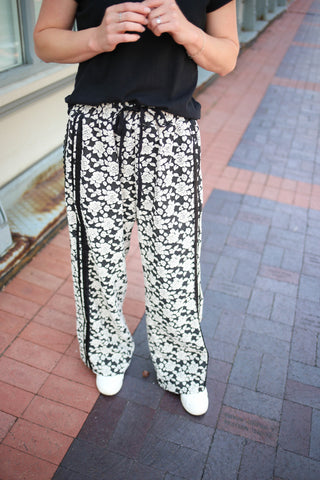 black and white floral and lace detail track pants