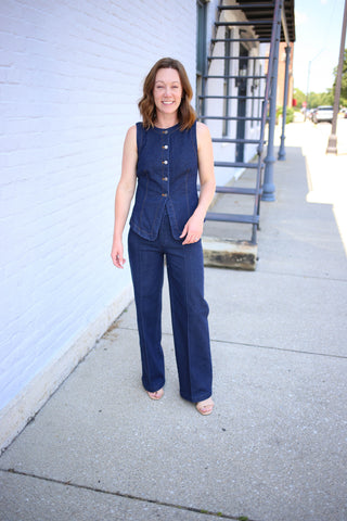 Dark Denim Button Front Vest | Rachel Blu Pepper