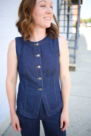 Dark denim button front denim vest