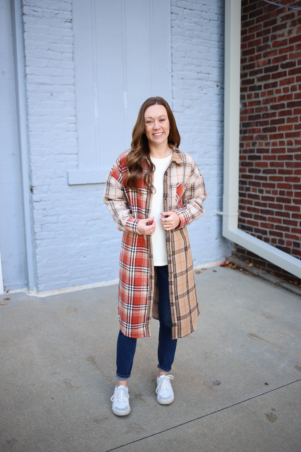 very j rust mixed flannel long shacket