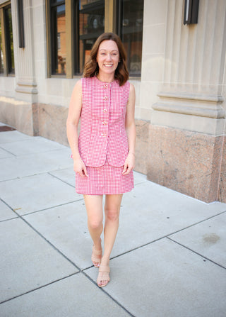 Red and white gingham skort romper, Entro