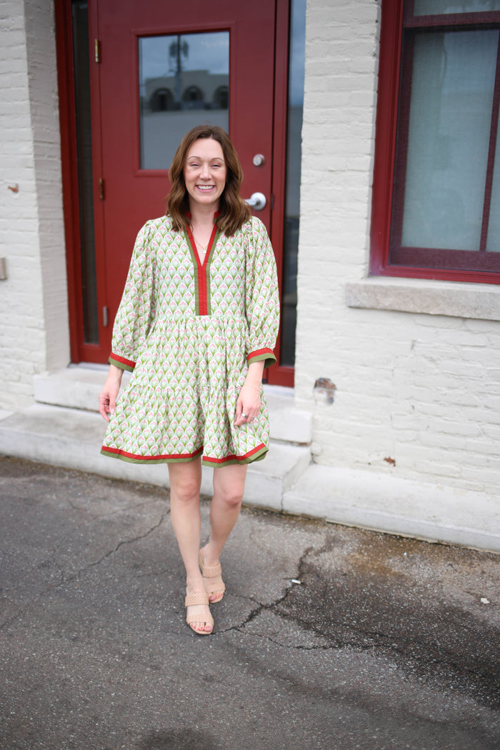 Green and Burgundy Red Print Dress, Entro