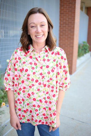 Blush pink and red berry print boxy short sleeve top, Bibi Brand