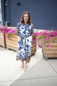 Blue White and Camel Floral Print Midi Dress, Entro
