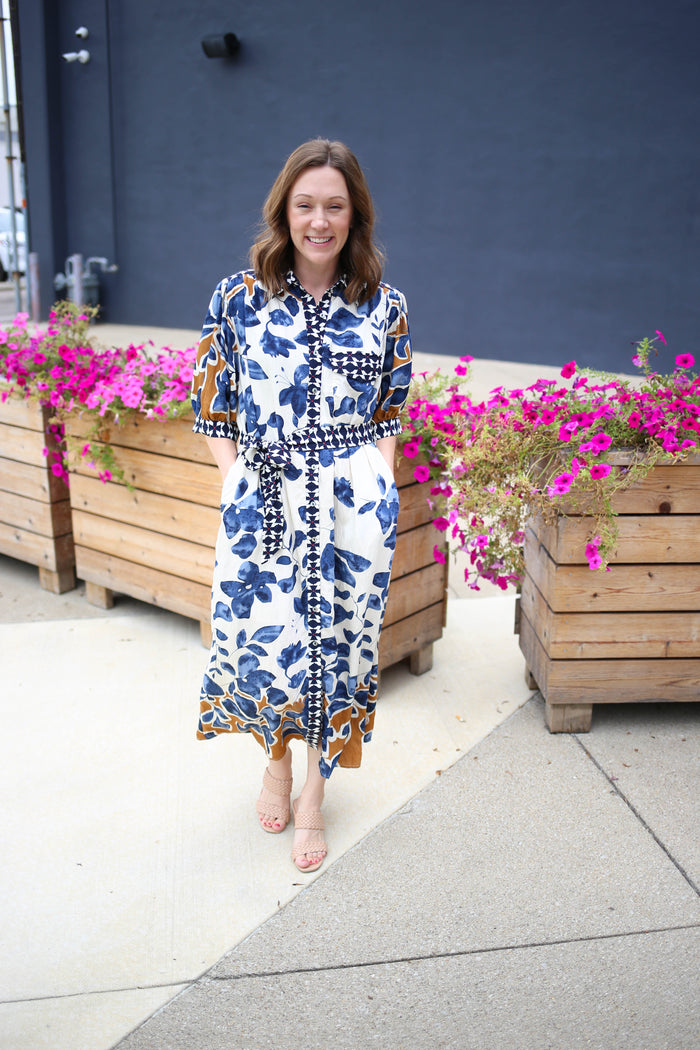 Blue White and Camel Floral Print Midi Dress, Entro