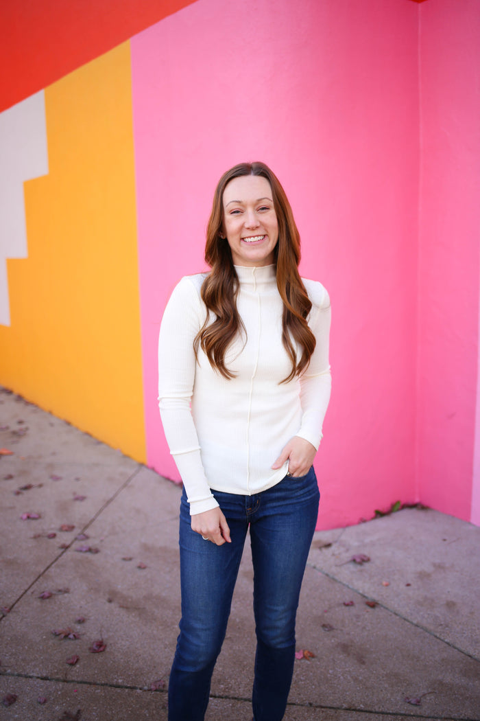 Mock Neck Cream Long Sleeve Top | Boutique Elise | Casey Hyfve