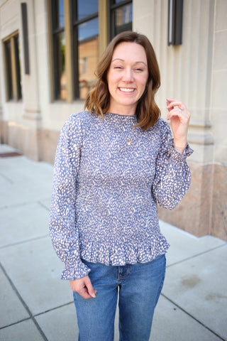 Blue Animal Print Smocked Peplum Top | Hayden Staccato