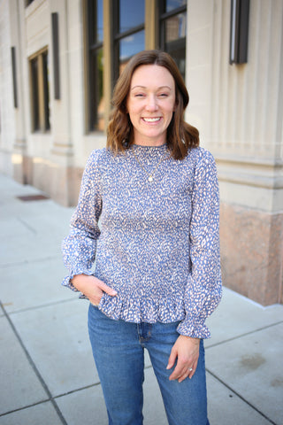 blue animal print smocked body long sleeve top, Staccato