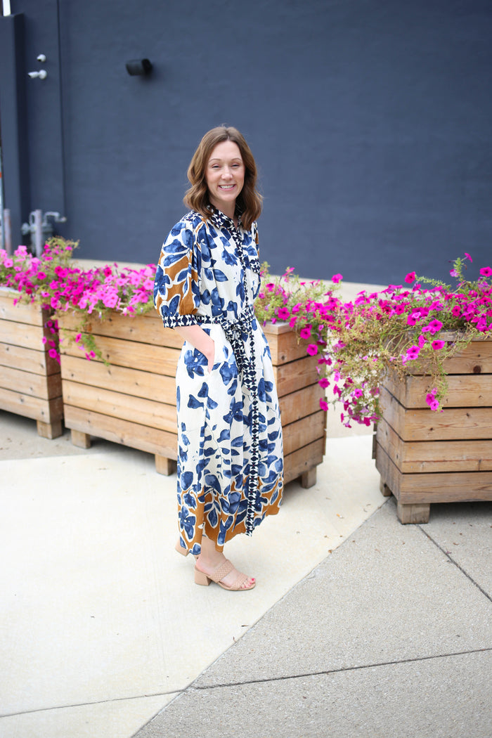 Slate Blue Mixed Print Midi Dress | Drew Entro