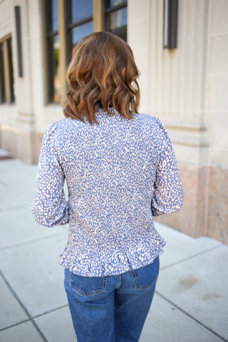 Blue Animal Print Smocked Peplum Top | Hayden Staccato