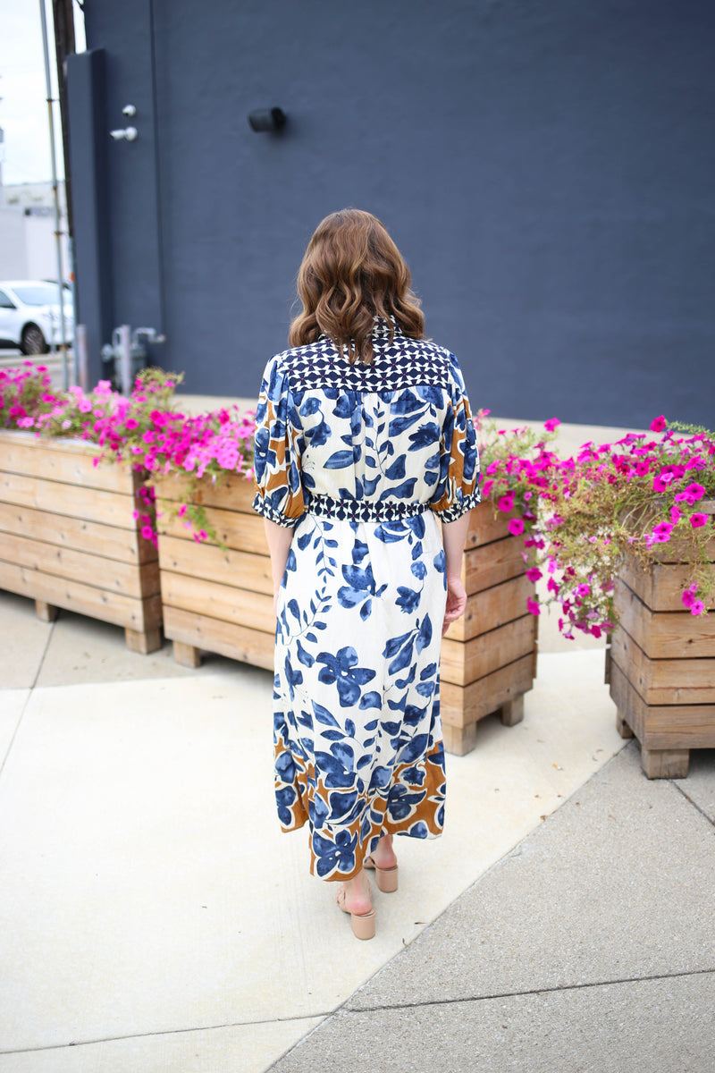Slate Blue Mixed Print Midi Dress | Drew Entro