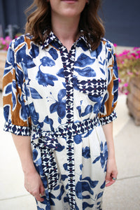 Slate Blue Mixed Print Midi Dress | Drew Entro
