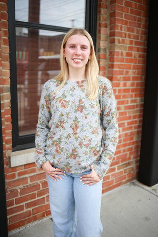 Grey Floral Print Lightweight Long Sleeve Sweater | Aria Staccato