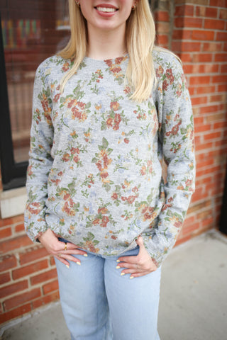 Grey Floral Print Lightweight Long Sleeve Sweater | Aria Staccato