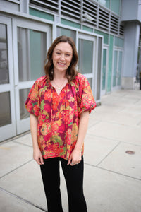 Rust Orange and Mustard Yellow Floral print bubble short sleeve top, entro