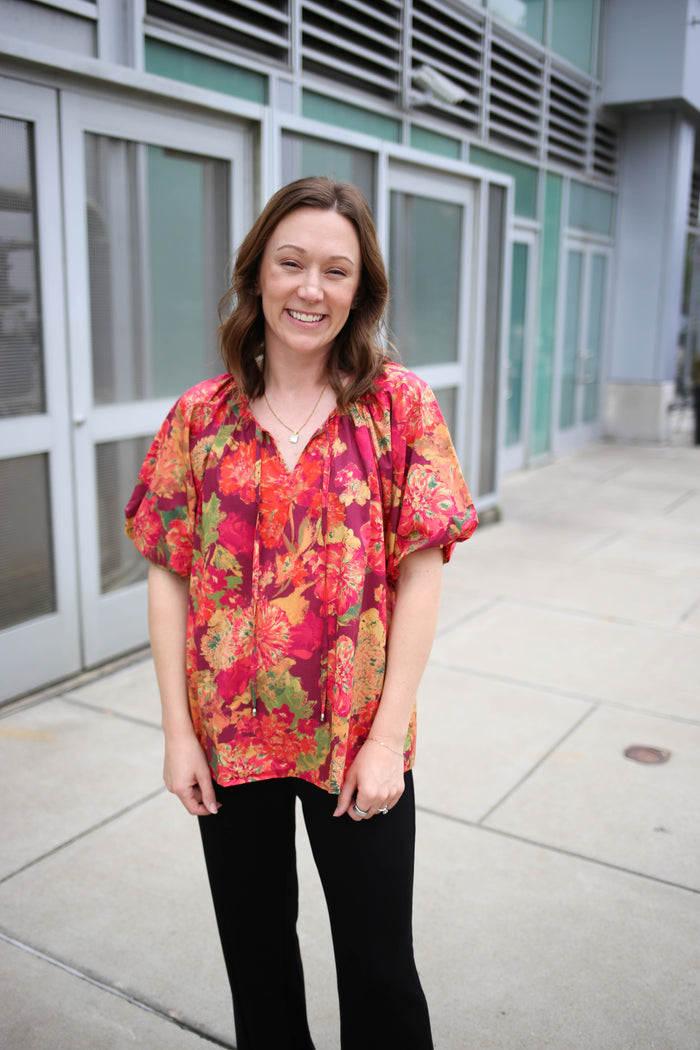 Rust Orange and Mustard Yellow Floral print bubble short sleeve top, entro