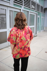 Red Orange and Yellow Floral Short Sleeve Top | Yara Entro