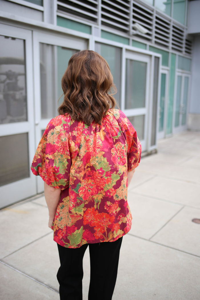 Red Orange and Yellow Floral Short Sleeve Top | Yara Entro