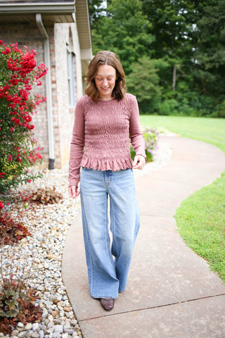 Mauve Smocked Bodice Peplum Top | Lori Staccato