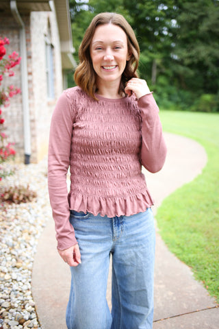 Mauve Smocked Bodice Peplum Top | Lori Staccato