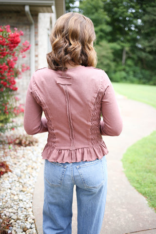 Mauve Smocked Bodice Peplum Top | Lori Staccato