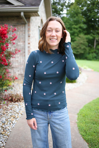 Teal Blue with Pink Floral Embroidery Mock Neck Top | Emmie Hem & Thread