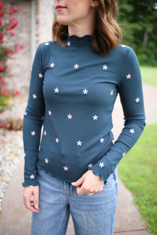 Teal Blue with Pink Floral Embroidery Mock Neck Top | Emmie Hem & Thread